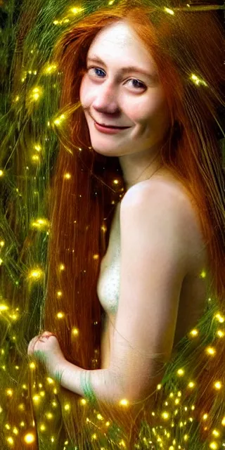 Prompt: a totally enraptured smiling young woman surrounded by golden firefly lights in a mesmerizing scene, sitting amidst nature fully covered! intricate detailed dress, long loose red hair, precise linework, accurate green eyes, small nose with freckles, beautiful smooth oval head, expressive emotions, hyper realistic ultrafine portrait by artemisia gentileschi, jessica rossier, boris vallejo