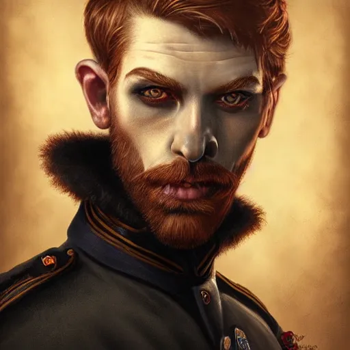 Image similar to fantastic close up portrait of a ginger pale vampire police officer with short hair and a patchy beard, highly detailed, face in focus, sharp focus, art by tom bagshaw and manuel sanjulian