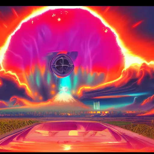 Prompt: nuclear explosion, epic retrowave art, trending on art station