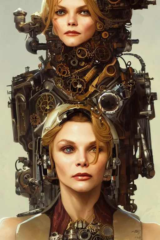 Prompt: young michelle pfeiffer as a steampunk cyborg, portrait, western, steampunk, duster, fantasy, intricate, elegant, highly detailed, digital painting, artstation, concept art, sharp focus, illustration, art by artgerm and greg rutkowski and alphonse mucha