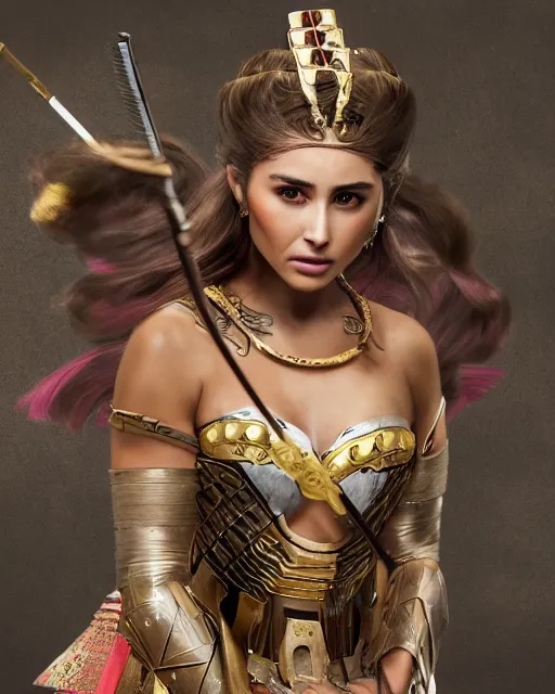 Prompt: Olivia Culpo as a warrior princess in feudal japan, background: battle scene, clear makeup, clean hair, dry skin, clear skin, airbrushed, bright eye makeup, warrior body, photo by mario testino, 8k octane render, cinematic, hyper detailed, micro details, insanely detailed, trending on artstation, concept art, Peter Paul Rubens and Peter Mohrbacher style