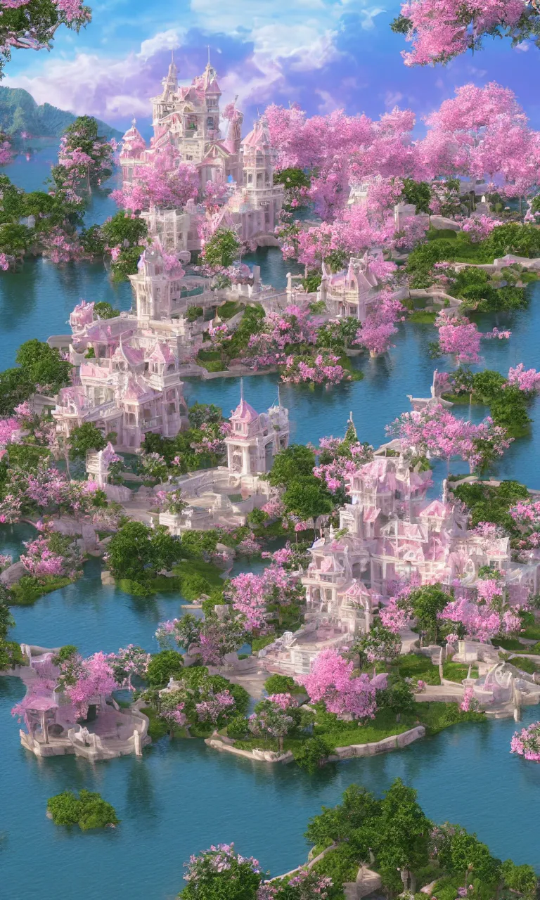 Prompt: magic baroque - style palace on the island, paradise, white, pink, luminous water, water reflection ， sakura, magic, realism, unreal engine, super detail, lifelike, 8 k, masterpiece, artstation, panorama, wide angle