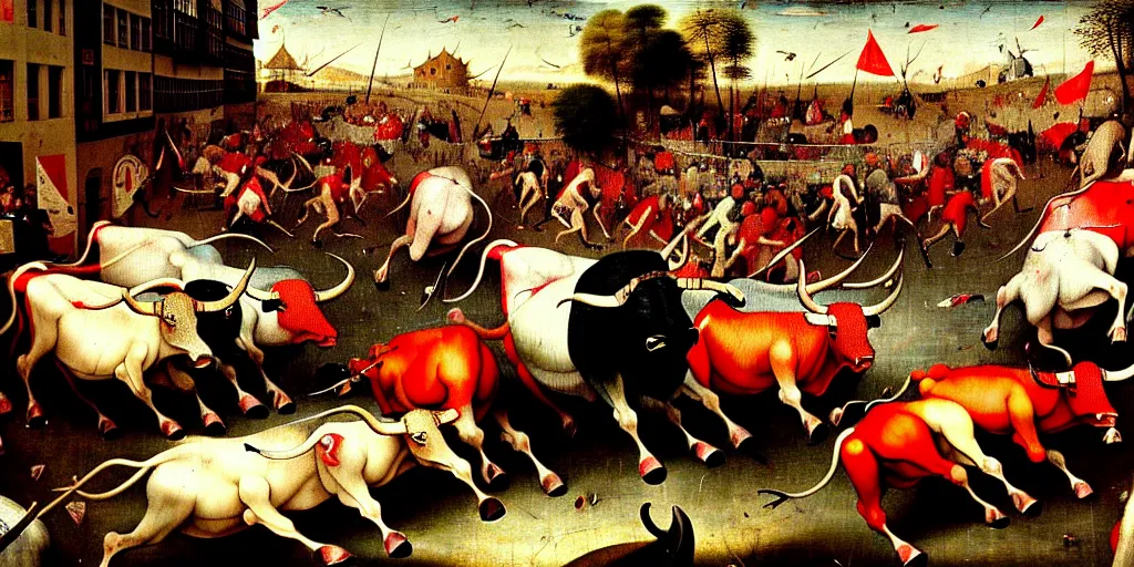 Image similar to the running of the bulls in pamplona, hundreds of people are fleeing from rampaging bulls in the city streets, art by hieronymus bosch, intricate, elegant, highly detailed, smooth, sharp focus, artstation