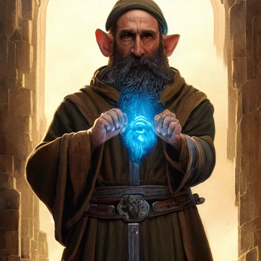 Prompt: A middle aged elf, wrinkled olive skin and a raised fist, long beard, blue robes, detailed face, highly detailed, cinematic lighting, digital art painting by greg rutkowski.