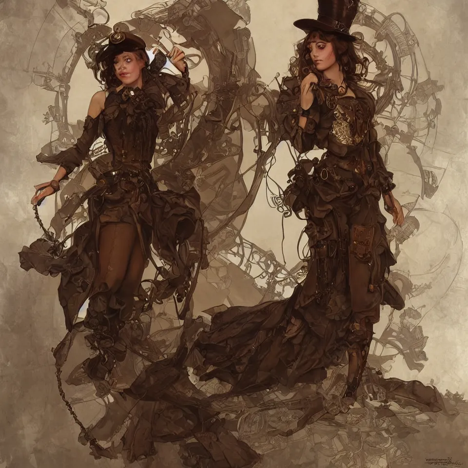 Prompt: little girl in steampunk outfit, wears brown boots, full body shot, olive skin, brown dark hair, beautiful bone structure, intricate, elegant, highly detailed, digital painting, artstation, concept art, smooth, sharp focus, illustration, art by artgerm and greg rutkowski and alphonse mucha