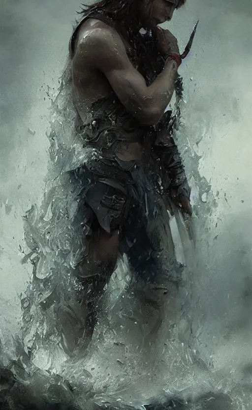 Image similar to The most beautiful young warrior guy in the world crying water,digital art,ultra realistic,ultra detailed, ultra wide Lens, art by greg rutkowski