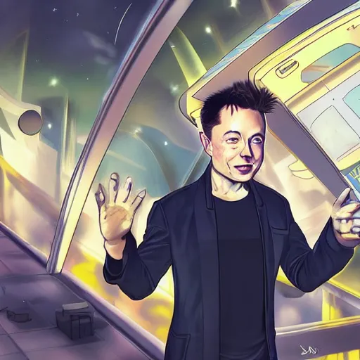 Image similar to elon musk stuck in an anime utopia, digital art