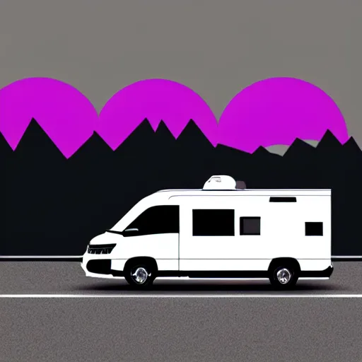 Prompt: minimal professional logo featuring a white and black cute thor chateau motorhome camper!, highway, mountains and sunset!!, everything enclosed in a circle, happy, professional colorful simple logo