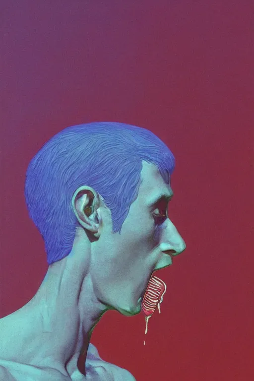 Image similar to a scifi closeup portrait of a young british man licking a blotter paper of LSD acid on his tongue and dreaming psychedelic hallucinations in cosmos, by kawase hasui, moebius, Edward Hopper and James Gilleard, Zdzislaw Beksinski, Steven Outram colorful flat surreal design, hd, 8k, artstation