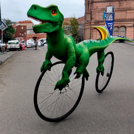 Image similar to a dinosaur driving a bike