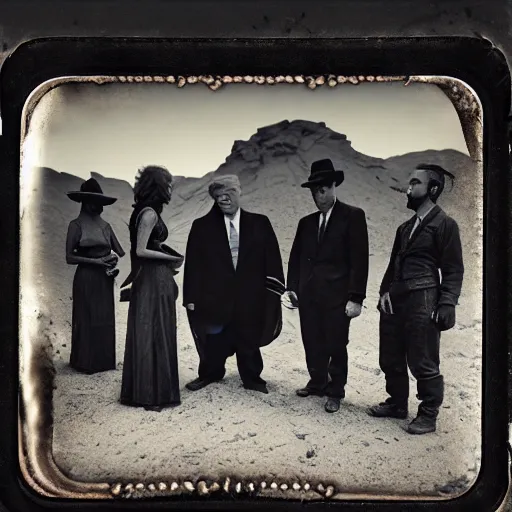 Prompt: tintype photograph, lovecraftian aliens talking with the president of the united states, desert location, highly detailed, 8 k, trending on artstation