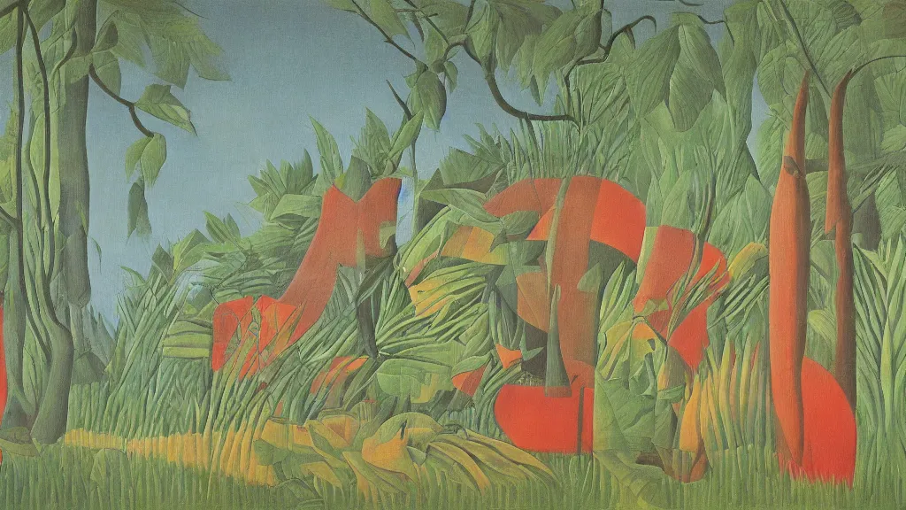 Image similar to abstract primitivism minimalism art painting, lines, forms, shapes, in style of henri rousseau,