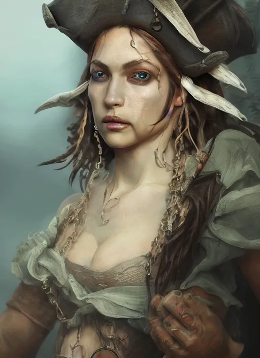 Image similar to detailed full body concept art dull oil painting of a pirate female, beautiful face, realistic hands, elegant pose, fantasy, illustration, insanely detailed and intricate clothing, octane render, 4k