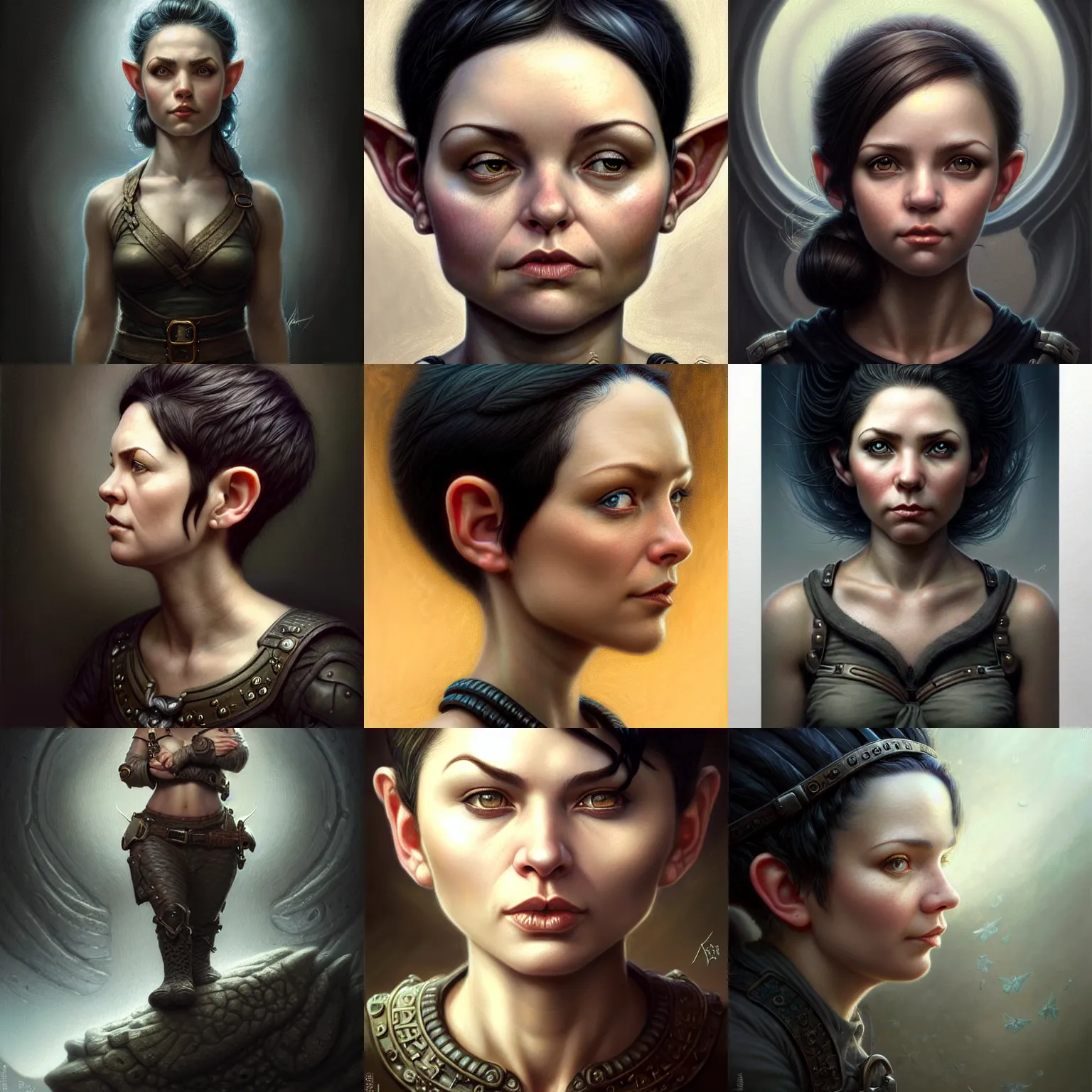 Prompt: portrait of a beautiful cute strong charming realistic female gnome engineer, pixie undercut black hair, d & d, micro detail, intricate, elegant, highly detailed, centered, rule of thirds, artstation, sharp focus, illustration, artgerm, tomasz alen kopera, donato giancola, wlop