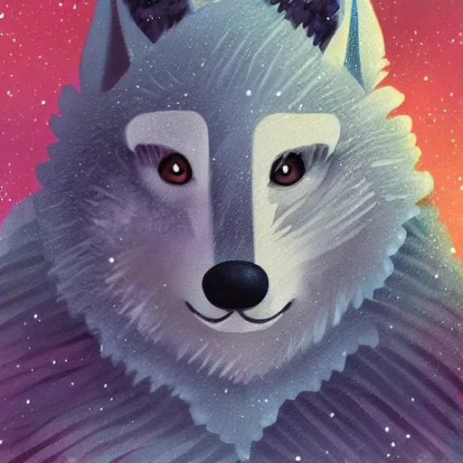 Prompt: aesthetic portrait of an anthropomorphic wolf wearing a cute cozy soft pastel winter outfit winter Atmosphere. detailed, inked, western comic book art, award winning painting