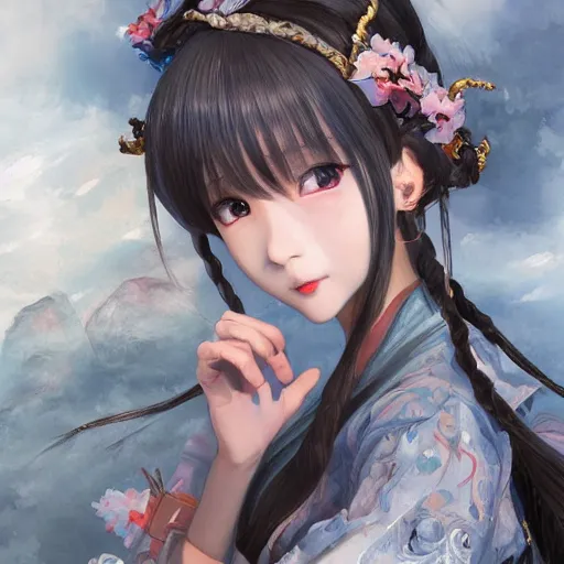 Image similar to dynamic composition, motion, ultra-detailed, incredibly detailed, a lot of details, amazing fine details and brush strokes, colorful and grayish palette, smooth, HD semirealistic anime CG concept art digital painting, watercolor oil painting of a young C-Pop idol girl, by a Chinese artist at ArtStation, by Huang Guangjian, Fenghua Zhong, Ruan Jia, Xin Jin and Wei Chang. Realistic artwork of a Chinese videogame, gradients, gentle an harmonic grayish colors.