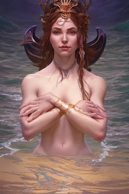 Image similar to goddess of the ocean, accurate anatomy, only two hands, highly detailed, digital painting, artstation, concept art, smooth, sharp focus, illustration, Unreal Engine 5, 8K, art by Ross Tran and greg rutkowski and alphonse Mucha