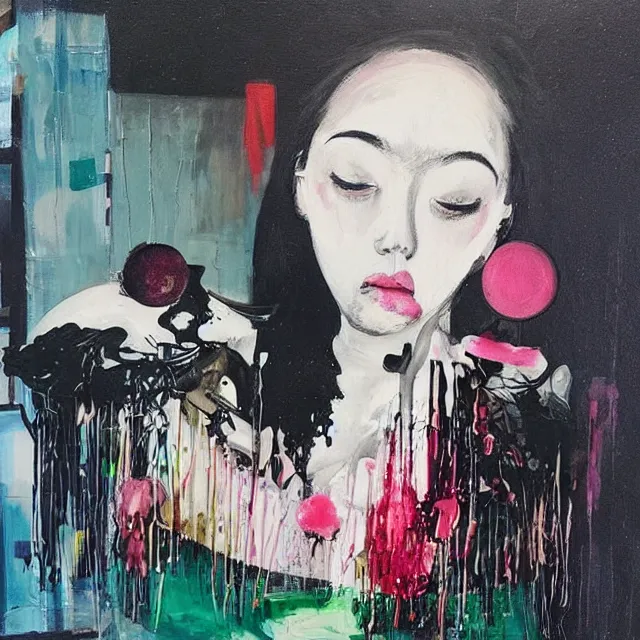 Image similar to “ a portrait in a female art student ’ s apartment, sensual, a pig theme, art supplies, paint tubes, ikebana, herbs, a candle dripping white wax, black walls, squashed berries, berry juice drips, acrylic and spray paint and oilstick on canvas, surrealism, neoexpressionism ”