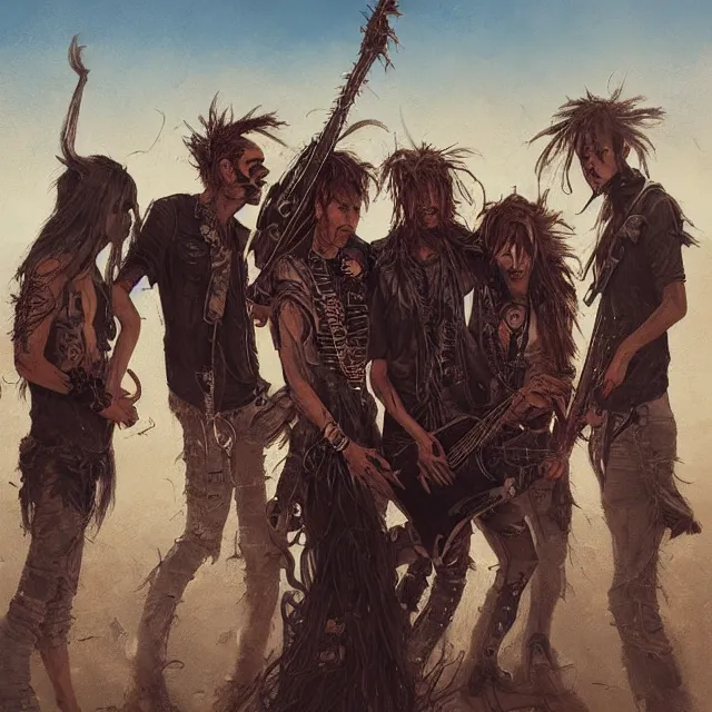 Prompt: a painting of a punk band in the desert by greg rutkowski, dark fantasy art, high detail, trending on artstation