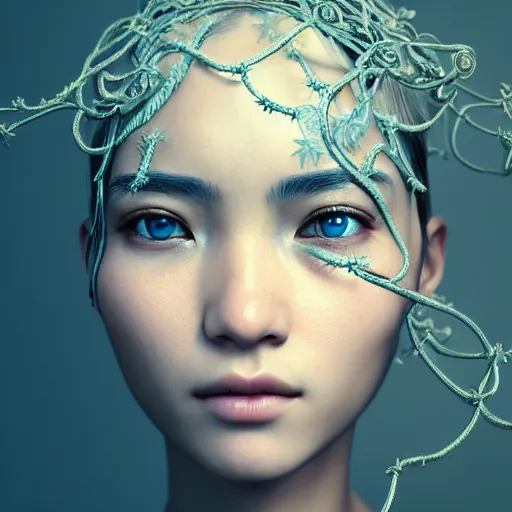 Image similar to intricate highly detailed face portrait of asian - european woman, light blue metal vines on her face, intricate, cgsociety, unreal engine, octane render, sharp focus, smooth, volumetric lighting, cinematic composition, artstation