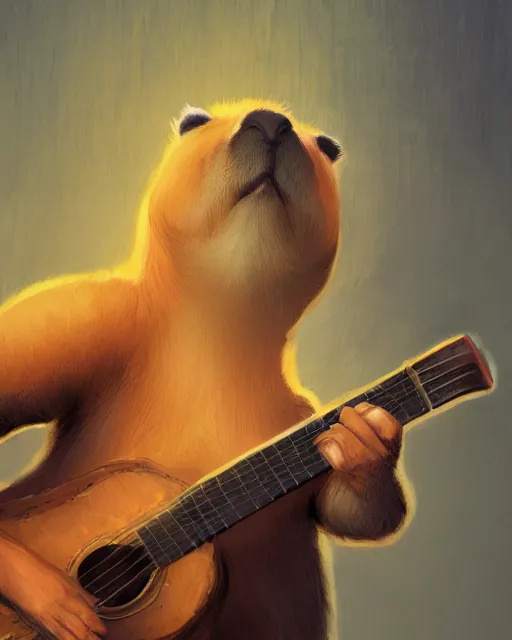 Prompt: Capybara playing Guitar, portrait, dress, magic the gathering artwork, D&D, fantasy, cinematic lighting, centered, symmetrical, highly detailed, digital painting, artstation, concept art, smooth, sharp focus, illustration, volumetric lighting, epic Composition, 8k, art by Akihiko Yoshida and Greg Rutkowski and Craig Mullins, oil painting, cgsociety