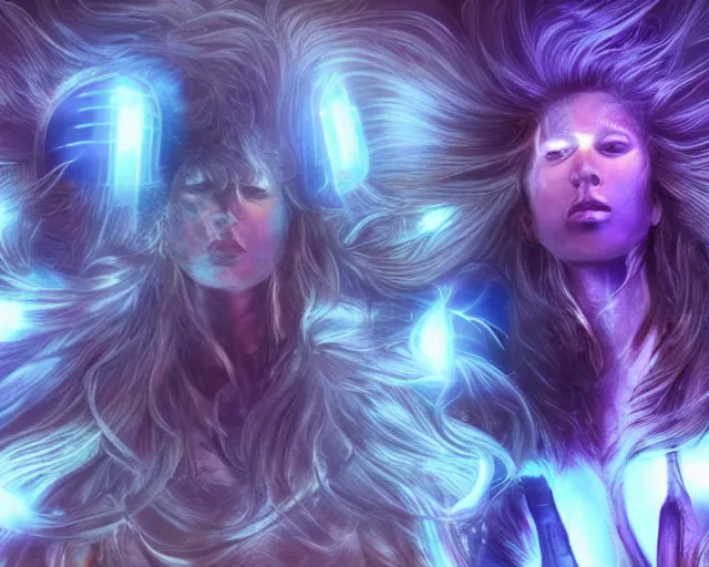 Image similar to glowing hair, complex cybernetic beings, beautiful hairy humanoids, cybermagnetosphere, cybernetic civilizations, ornate hair, love, joy, vortexes, large arrays, data holograms, 8 k, cinematic light shadows, wet hdr refractions, *, * * *, * * * * *