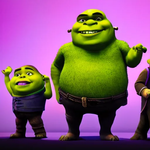 Prompt: Shrek, Gru, and Thanos in black tuxedos singing in the foreground with a black background behind them.