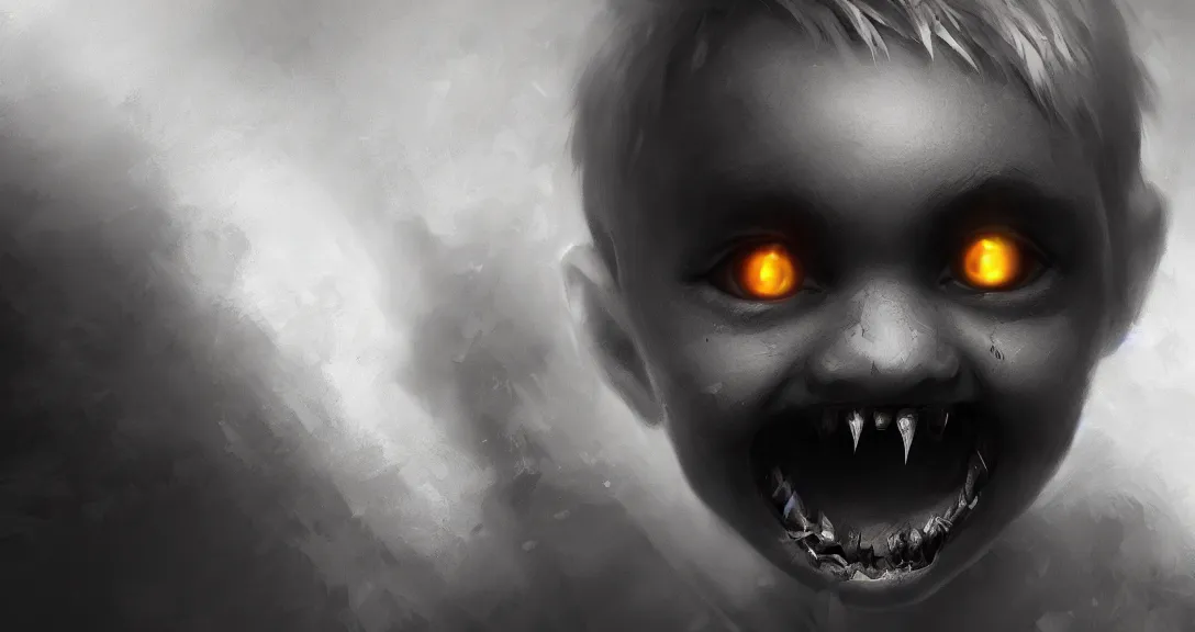 Prompt: child, black eyes, sharp teeth, portrait, intricate, detailed, volumetric lighting, scenery, digital painting, highly detailed, artstation, sharp,