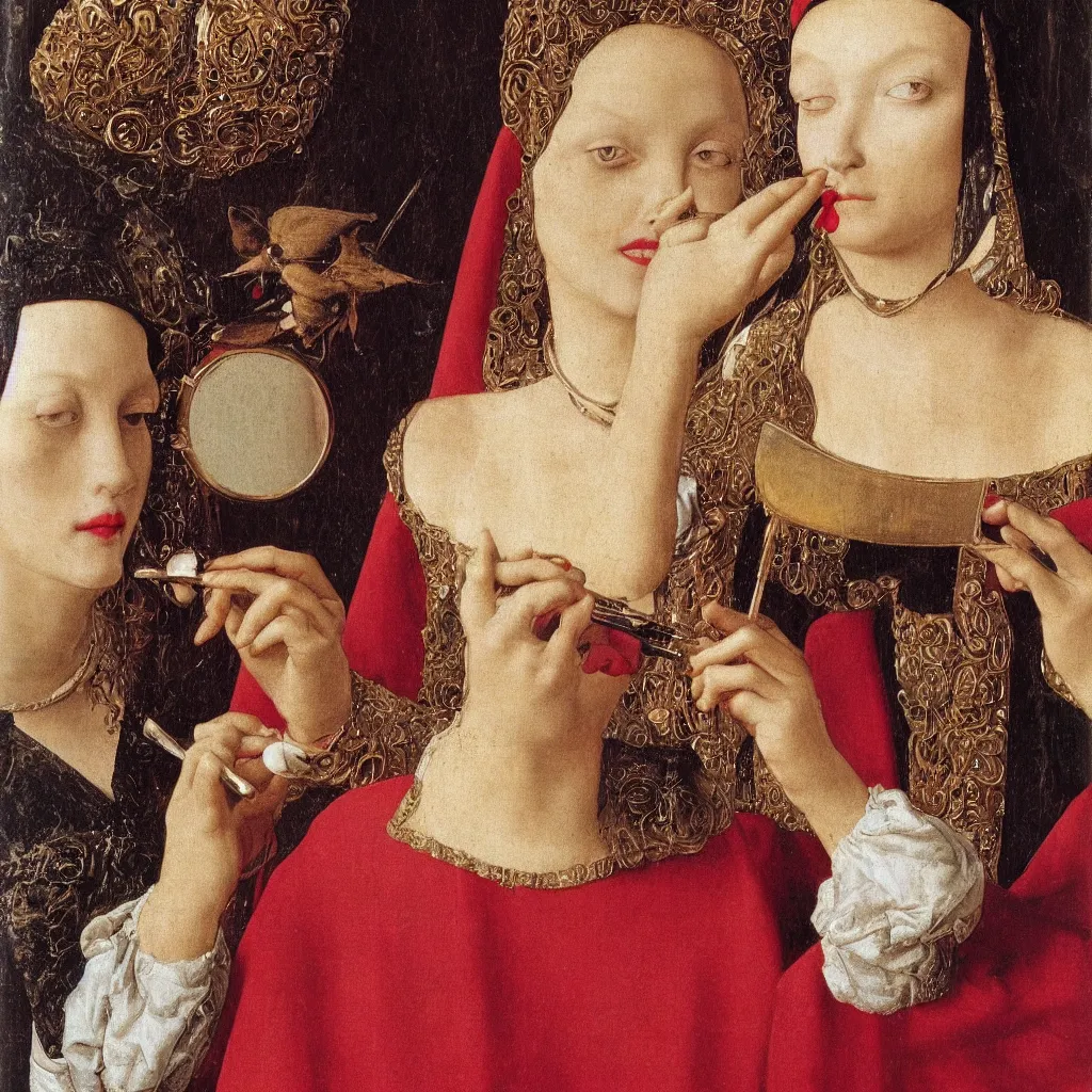 Image similar to close up of a woman putting on garish make - up. mirror, moth. jan van eyck