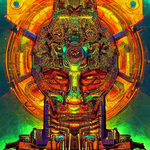 Prompt: simple totem to the machine god, symmetrical, small details, coherent, hyper detailed, complex, layered very far shot, ominous lighting, colorful