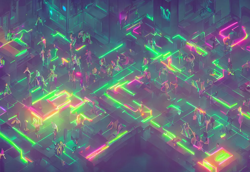 Prompt: a room full of confused wizards in their library playing with their new room sized magical glowing computers, infinite hallways, bright neon rainbow light from magic entities, artstation, concept art, 8k octane, isometric