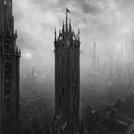 Image similar to an ultra detailed black and white tarot card of a lonely and impossibly tall ominous gothic dark tower elevated high above the city, in a river elevated high above the city, fantasy capital city, ultrawide lense, aerial photography, volumetric lighting, exquisite detail, 8 k, art by greg rutkowski and alphonse mucha