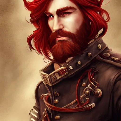 Image similar to rugged ship captain, male, handsome, flowing red hair, handsome, fantasy, intricate, elegant, highly detailed, piercing eyes, steampunk, digital painting, artstation, concept art, character art, smooth, sharp focus, illustration, art by artgerm