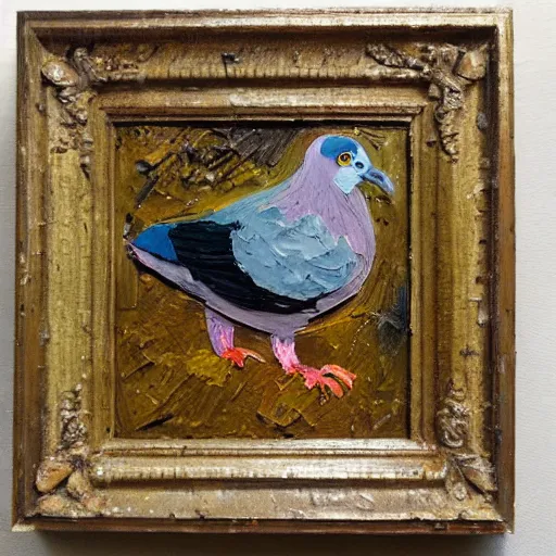 Image similar to oil paint impasto relief, beautiful wood pigeon, multi layered thick brush marks, in the style of ivan shishkin and frank auerbach and van gogh