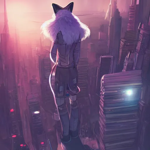 Image similar to an anthropomorphic fox with a fluffy tail staring over a futuristic city from the top of a roof, comic art, trending on furaffinity, cyberpunk, backlighting, cartoon