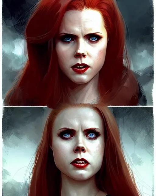 Image similar to style of marc simonetti : : gorgeous vampire amy adams : : sharp teeth fangs, open mouth sneer : : symmetrical face, symmetrical eyes : : gorgeous red hair : : magic lighting, low spacial lighting : :