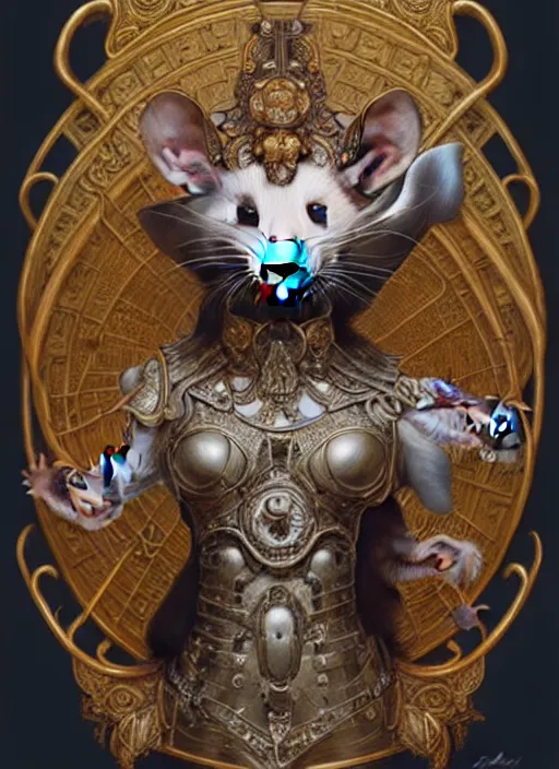 Image similar to symmetry!! portrait of a pet rat wearing detailed ornate armor, intricate, elegant, highly detailed, my rendition, digital painting, behance, concept art, smooth, sharp focus, illustration, art by artgerm and greg rutkowski and alphonse mucha and huang guangjian and gil elvgren and sachin teng