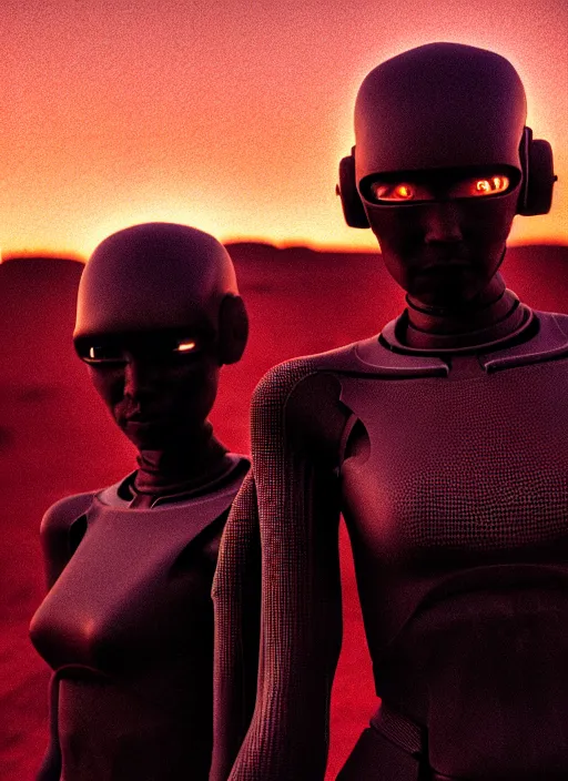 Image similar to cinestill 5 0 d candid photographic portrait by steve mccurry of two loving female androids wearing rugged black mesh techwear on a desolate plain with a red sky, extreme closeup, modern cyberpunk, dust storm, 8 k, hd, high resolution, 3 5 mm, f / 3 2, ultra realistic faces, ex machina