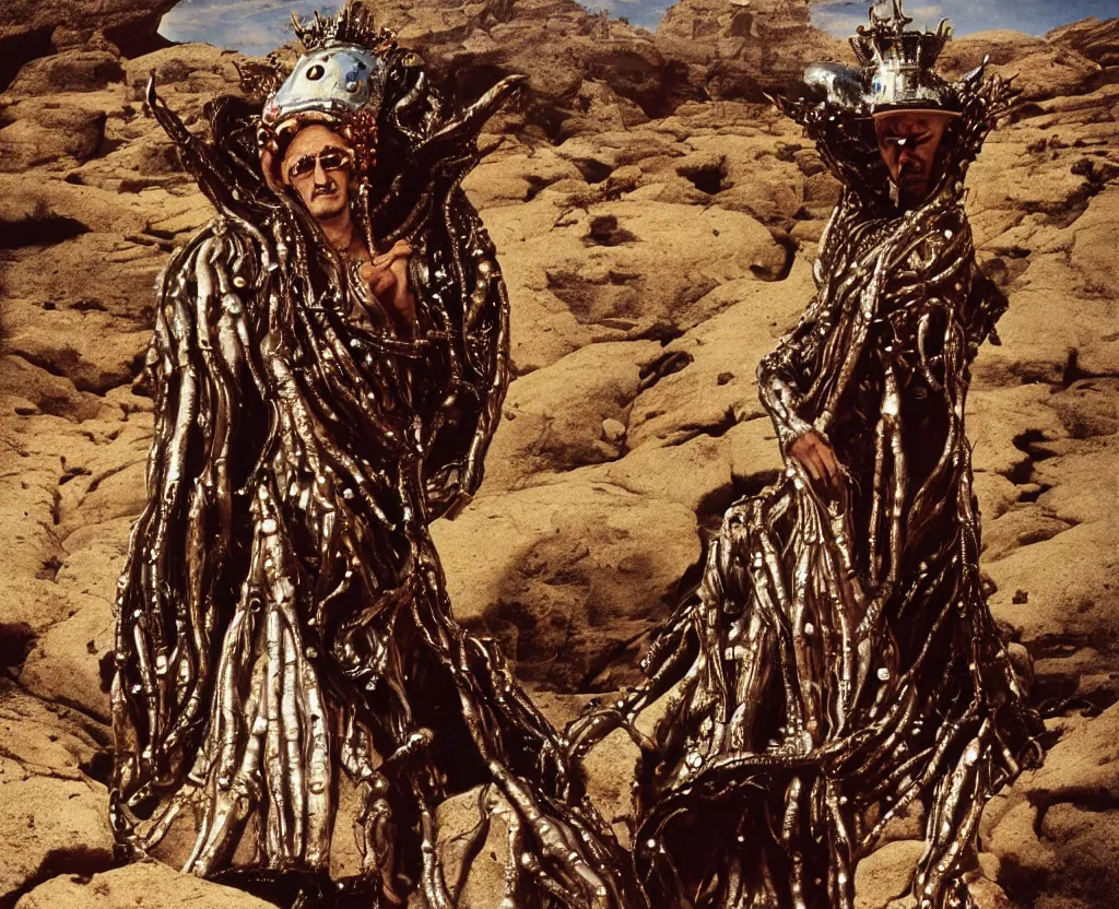 Prompt: portrait of salvador dali wearing a crown and costume with jewels in a dry rocky desert landscape, alien spaceship by giger, film still from the movie by alejandro jodorowsky with cinematogrophy of christopher doyle and art direction by hans giger, anamorphic lens, kodakchrome, very detailed photo, 8 k