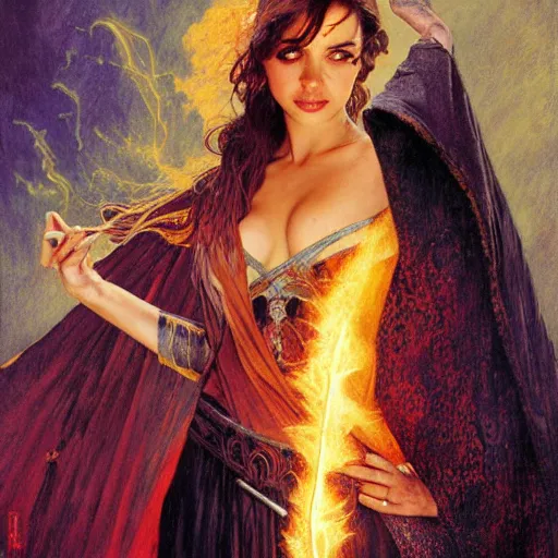 Prompt: half length portrait of ana de armas as a sorcerer using fire magic, d & d, medieval, fantasy, royo, klimt, miro, vallejo, frazetta, alphonse mucha, greg rutkowski, whealan
