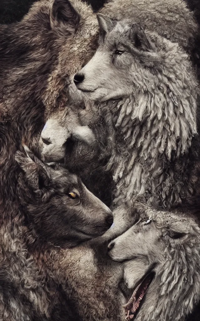 Image similar to metalheart sheep biting the neck of a realistic wolf masterpiece album cover