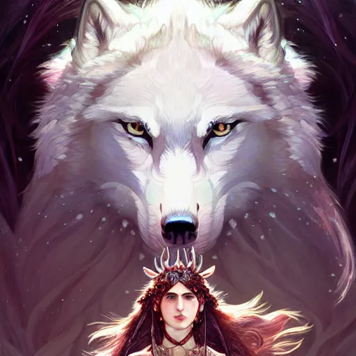 Image similar to Portrait of Princess Mononoke surrounded by white wolves, face, fantasy, intricate, elegant, highly detailed, digital painting, artstation, concept art, smooth, sharp focus, illustration, art by Fernanda Suarez and Artem Demura and alphonse mucha