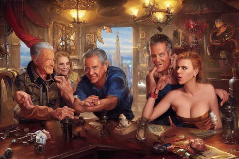 Image similar to portrait of bob barker playing twister with scarlett johansson, an oil painting by ross tran and thomas kincade