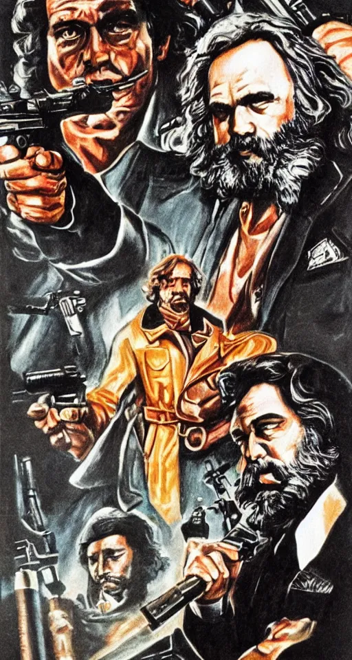 Prompt: very detailed 70s action movie poster with one Karl Marx with a machine gun, drawing 4k, grainy picture cinematic dramatic light