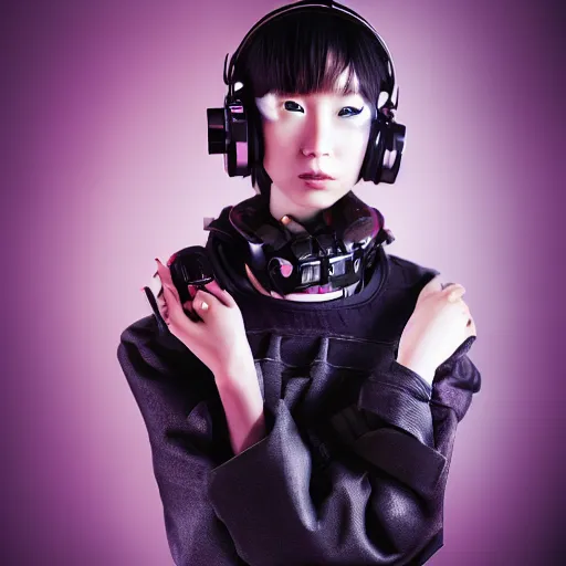 Image similar to photorealistic portrait of cute cyber punk geisha girl from Japan. she is wearing heavy complicated future headsets. award winning, taken by canon 5d mk4, art lens, perfect lighting, sci-fi, at 2200