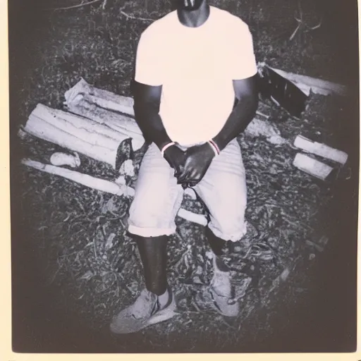 Image similar to retro 90s granular polaroid outdoors photo of an African American rapper near a campfire, flash photography, image artifacts