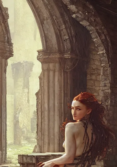 Image similar to sansa stark in ruins of castle, intricate, elegant, highly detailed, digital painting, artstation, concept art, smooth, sharp focus, illustration, art by artgerm and greg rutkowski and alphonse mucha and william - adolphe bouguereau