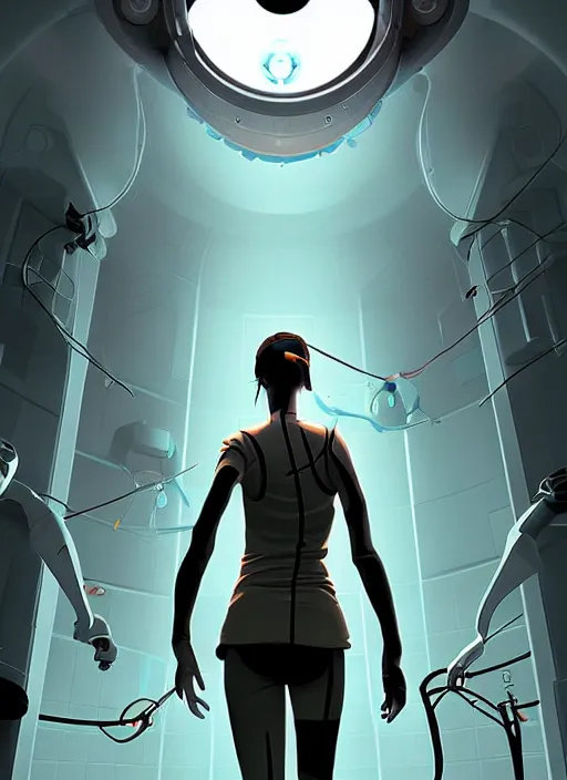 Image similar to poster artwork by Michael Whelan and Tomer Hanuka, of the game Portal, from Valve, Aperture Science, clean