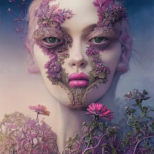 Image similar to a beautiful detailed front view portrait of a woman with ornate growing around, ornamentation, flowers, elegant, beautifully lit, by wayne barlowe, peter mohrbacher, kelly mckernan,