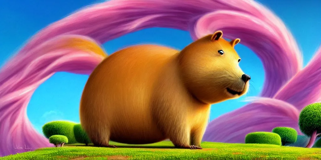 Image similar to cartoon concept art, capybara character, spiral clouds, from lorax movie